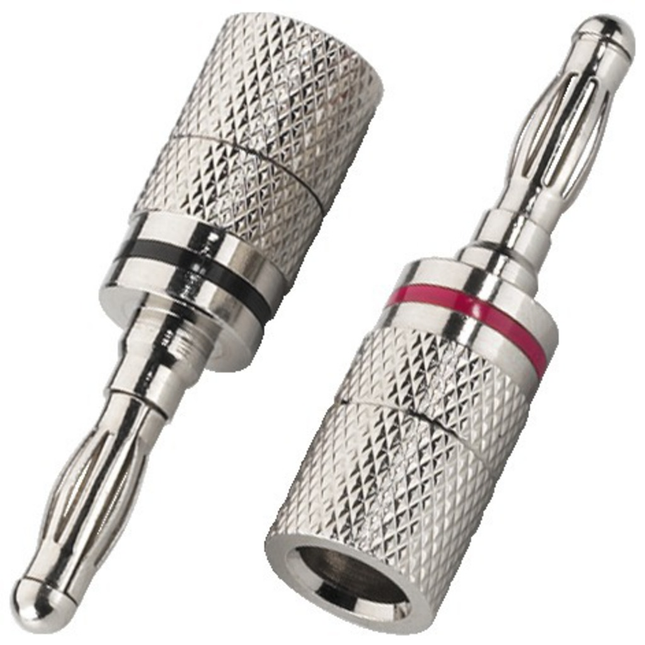 BP-104 Bananstik 4mm Nikkelbelagt med Farvekode Rød/Sort 2stk